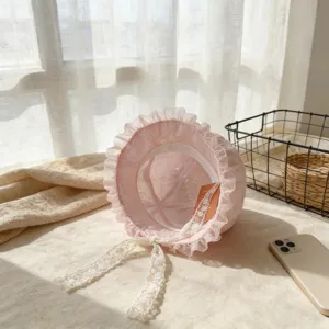Sombrero de pescador rosa de malla con encaje para niños, lindo sombrero de sol ligero y suave.