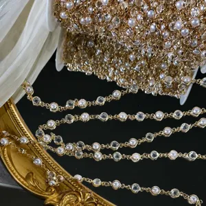 DIY Chaîne de Strass en Perle de Cristal Artificiel Garniture Électroplaquée en Cuivre pour Robe de Mariée Bandeau Couture Bijoux