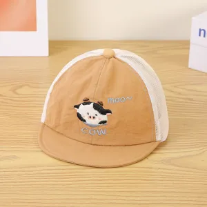 Gorra de béisbol de malla bordada de vaca linda para niños visera corta ajustable