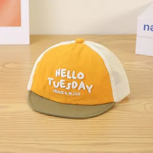 Kids colorblock mesh baseball cap with cute embroidered letters, breathable and cool short brim.