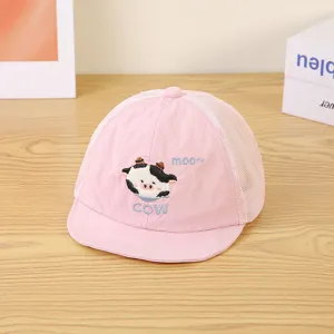 Gorra de béisbol rosa para niños con bordado de vaca, malla transpirable y visera.