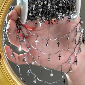 DIY cross rhinestone chain dark metal dangling fringe trim for bag clothing jewelry craft