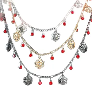 Multi-layer DIY metal chain necklace with red rhinestone rose pendants for ancient costume crafts.