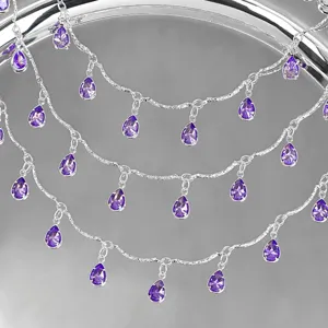 Silver-tone DIY chain featuring sparkling purple teardrop zircon charms, ideal for jewelry.