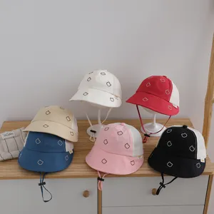 Detailed view of kids cute bear embroidery mesh breathable bucket hats in multiple vibrant colors.