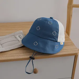 Kids summer mesh bucket hat with cute bear embroidery, breathable outdoor sun protection hat.
