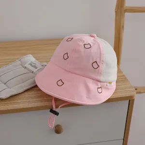 Kids pink mesh breathable sun hat cute bear embroidery adjustable chin strap outdoor wear