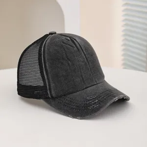 Unisex Vintage Gewaschen Zerstört Baseballkappe Farbblock Atmungsaktiv Mesh Trucker Cap Zerrissen Snapback Sonnenschutz Schirmmütze