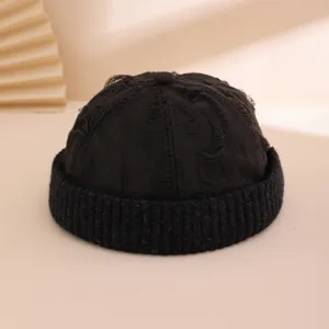 Gorra docker negra desgarrada para hombre y mujer, sombrero de punto cálido otoño invierno.