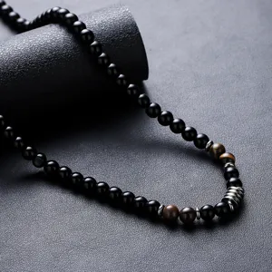 Retro Obsidian Tiger Eye Stone Jewelry Set For Men Titanium Steel Beads Necklace Bracelet Hip Hop Personalized Gift