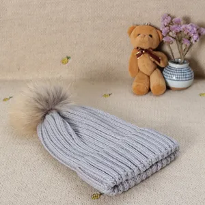 Women winter thick knitted beanie hat with fluffy fur pom pom warm casual solid color cap