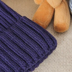 Detailed close-up view of women thick ribbed knitted beanie winter warm wool hat.