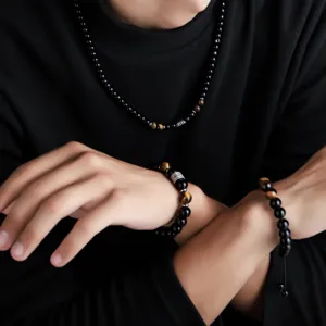 Retro men obsidian beaded necklace bracelet set trendy fashion niche jewelry stylish design.