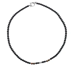 Men's Black Obsidian Bead Necklace with Tiger Eye and Silver OT Clasp Trendy Jewelry