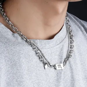 Men's titanium steel double layer necklace with zodiac sign pendant fashion jewelry gift