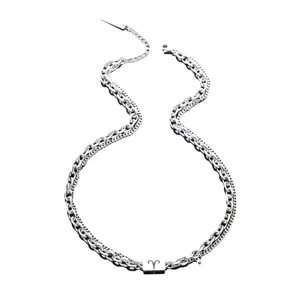 Men women titanium steel double layer layered necklace with Aries zodiac sign pendant accessory.