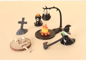 Halloween Miniatur Deko Set Hexen Kessel Lagerfeuer Schädel Kunstharz Grusel Party.