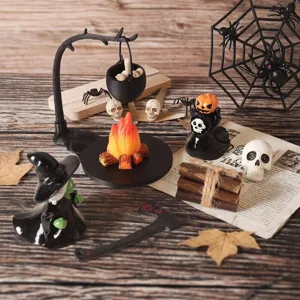 Halloween Hexe Miniatur Harz Dekoration Set Kürbis Skelett Spinnennetz Kessel Lagerfeuer Party Landschaft Requisiten Zubehör
