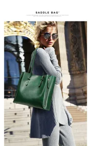 Stylish green leather shoulder bag with side zippers, large capacity tote for women.
