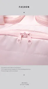Pink waterproof travel cosmetic bag zipper detail, minimalist fashion storage handbag.