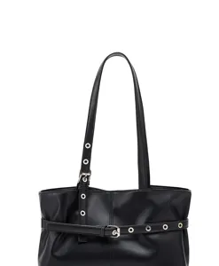 Black PU leather shoulder bag detail, vintage motorcycle style tote with metal grommets.