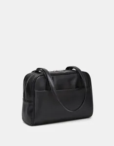 Detailed view of the black retro PU leather Boston shoulder bag with dual handles and zip.