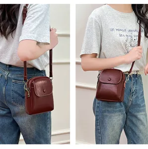 Stylish women's small shoulder bag, chic burgundy phone crossbody bag with button flap.