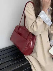 Wine red large capacity shoulder bag retro vintage pu leather boston handbag for women casual daily