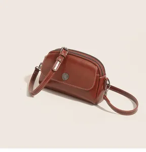 Retro oil wax leather crossbody bag women multi-compartment brown shell handbag new fashion