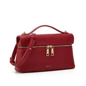 Red pebbled leather vintage shoulder bag, top handle crossbody makeup bag for women main view