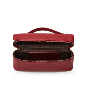 Red leather vanity handbag, stylish pebbled texture cosmetic travel organizer case.