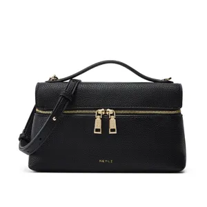 Vintage black litchi texture PU leather crossbody shoulder bag with top handle and gold zipper.