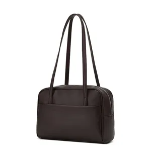 Classic dark brown shoulder bag, retro PU leather handbag, versatile daily Boston bag for women.