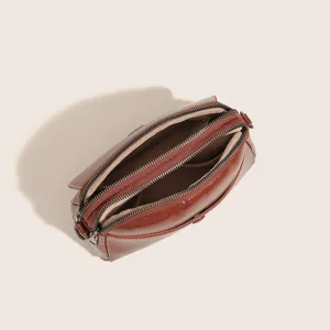 Vintage oil leather women shoulder crossbody bag with multi compartments top view main image