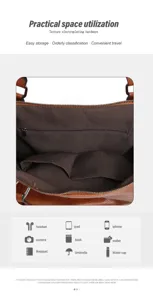 Detailed interior view of the large capacity vintage brown leather tote bag storage.