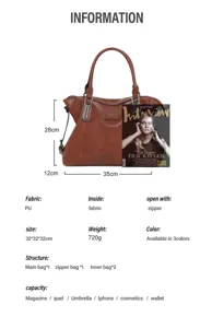 Large capacity PU leather tote bag vintage shoulder bag with multiple interior pockets.