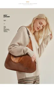Vintage brown leather shoulder bag for women, large capacity casual hobo underarm bag fashion.