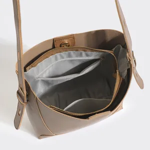 Women's casual shoulder bucket bag brown PU leather large capacity messenger handbag