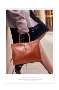 Classic brown leather business tote handbag, large capacity commuter shoulder bag.