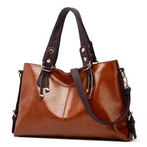 Large capacity brown leather shoulder crossbody bag stylish women tote handbag casual commute.