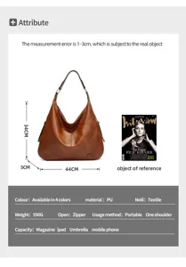 Retro PU leather hobo shoulder bag detail with dimensions, large capacity, zipper closure.