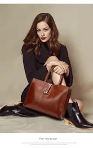 Detailed view of the stylish brown leather commuter handbag, showcasing premium texture and design.