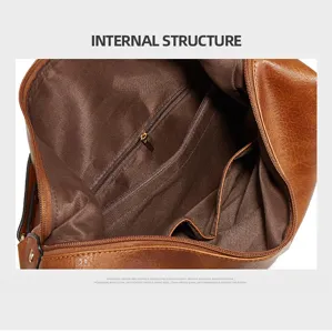 Vintage brown PU leather shoulder bag interior detail large capacity casual tote bag design