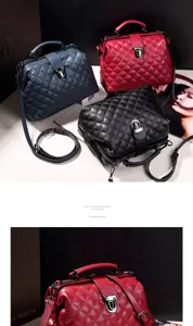Stylish quilted Boston handbag with metal clasp, versatile PU leather shoulder crossbody bag.