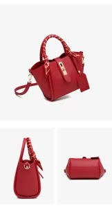 Red bucket tote bag for women, large capacity shoulder handbag with twilly scarf and metal lock.
