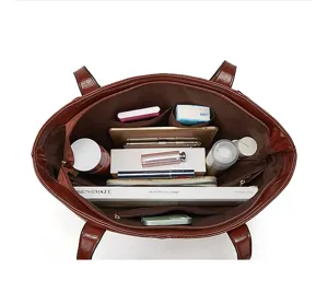 Detailed interior view of brown leather tote bag showcasing large capacity and multi-compartment storage.
