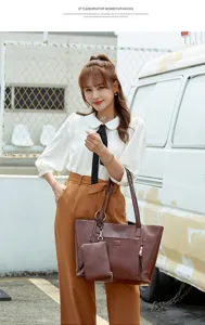 Detailed view of women's vintage large capacity tote bag with matching pouch, PU leather.
