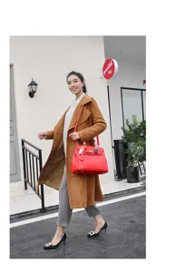 Red PU leather women handbag fashion top handle shoulder bag with lock and stylish scarf.