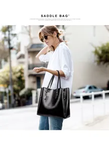 Stylish black oil leather tote shoulder bag, large capacity fashion daily handbag for women.