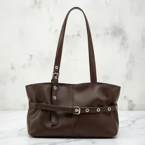 Large Capacity Tote Bag Women PU Leather Shoulder Bag Minimalist Retro Motorcycle Handbag Casual Commuter Underarm Bag